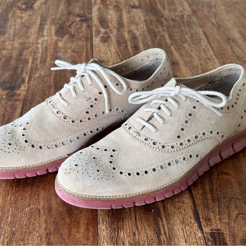 Cole Haan Beige Suede Oxfords with Pink Soles